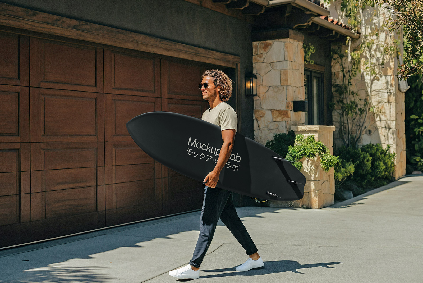 A white surfboard mockup with a custom design viewed from a slight angle.